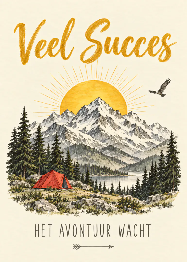 Wenskaart met de tekst ‘Veel Succes’, een berglandschap, zonsopgang, dennenbomen, een rode tent en een vliegende adelaar.