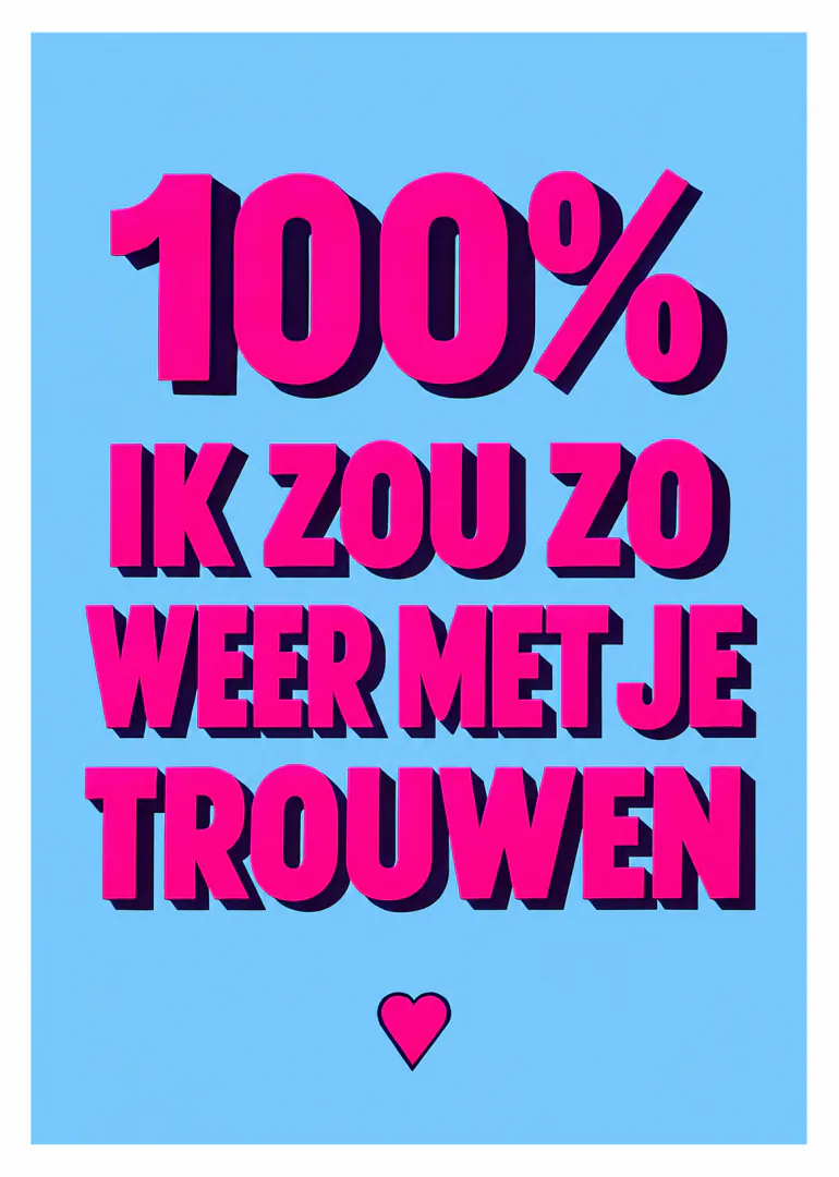 Blauwe kaart met grote roze 3D-tekst en een klein hartje.