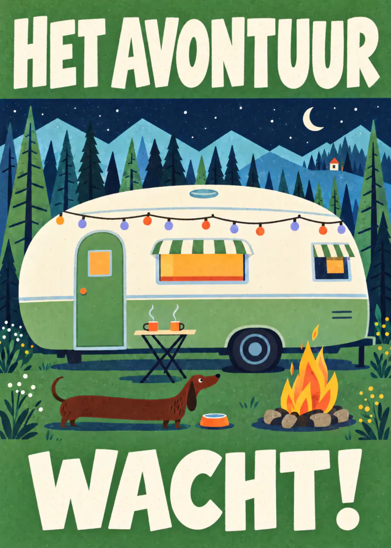 Geïllustreerde groene camper in een berglandschap bij nacht, met kampvuur, teckel en de tekst ‘HET AVONTUUR WACHT!’