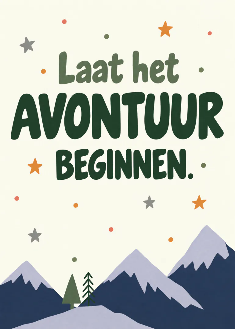 Crèmekleurige kaart met groene tekst, sterretjes en besneeuwde bergen.