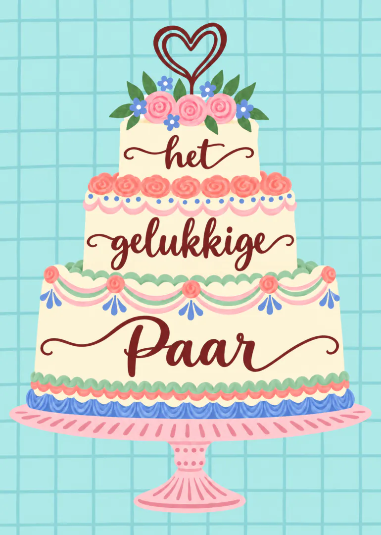 Illustratie van een drielaagse bruidstaart met bloemen, een hart en de tekst ‘het gelukkige Paar’.