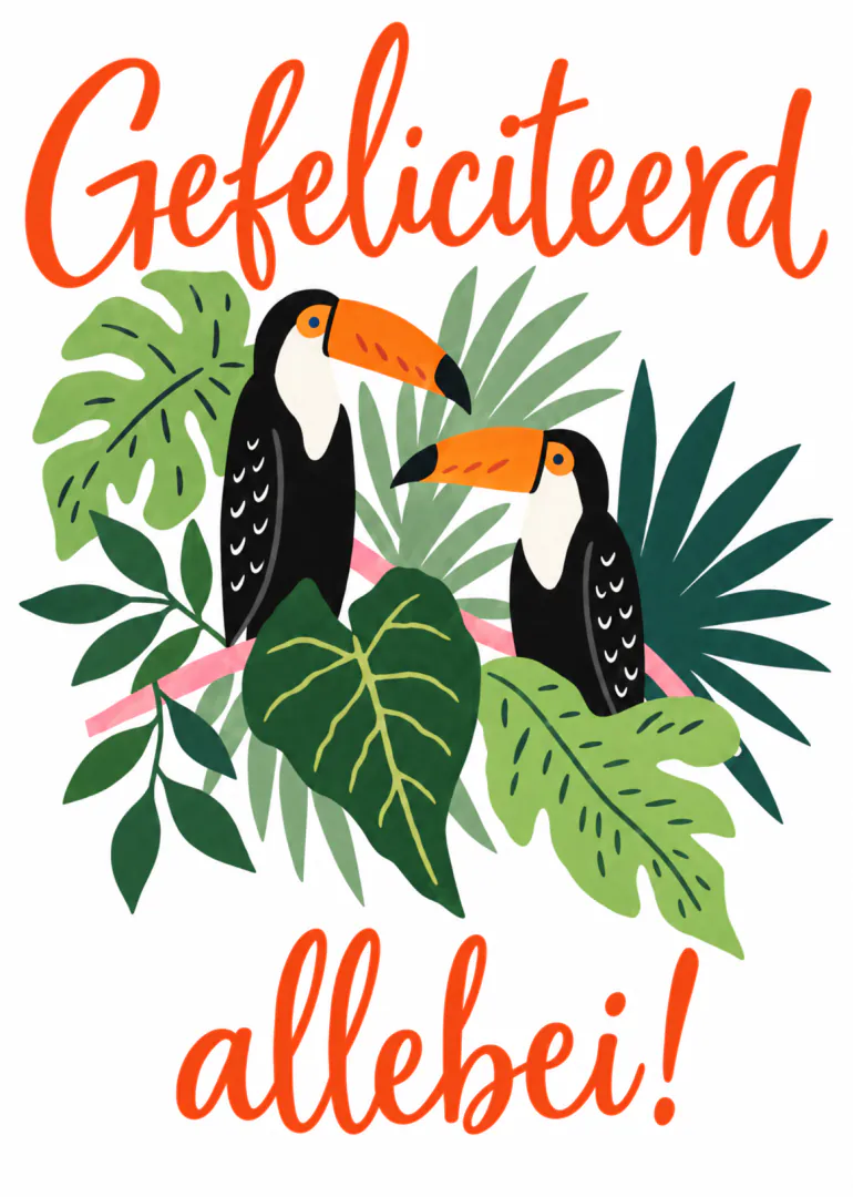 Witte felicitatiekaart met oranje handschrift, twee toekans en groene tropische bladeren.