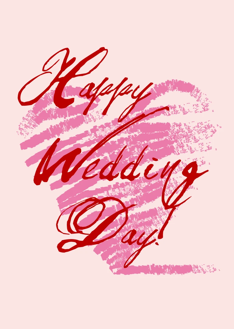 Pink brush heart card with red script reading Happy Wedding Day on soft blush background.