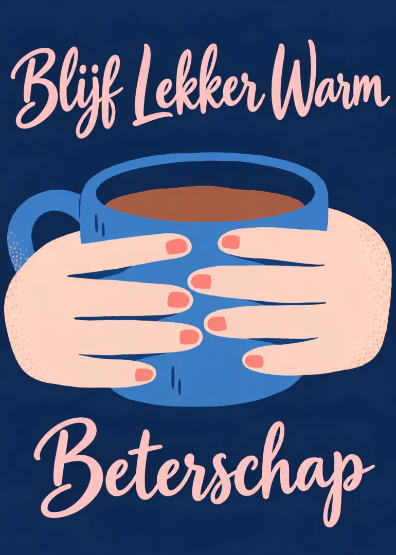 Donkerblauwe kaart met roze tekst, twee handen rond een blauwe mok en de woorden Blijf Lekker Warm Beterschap.