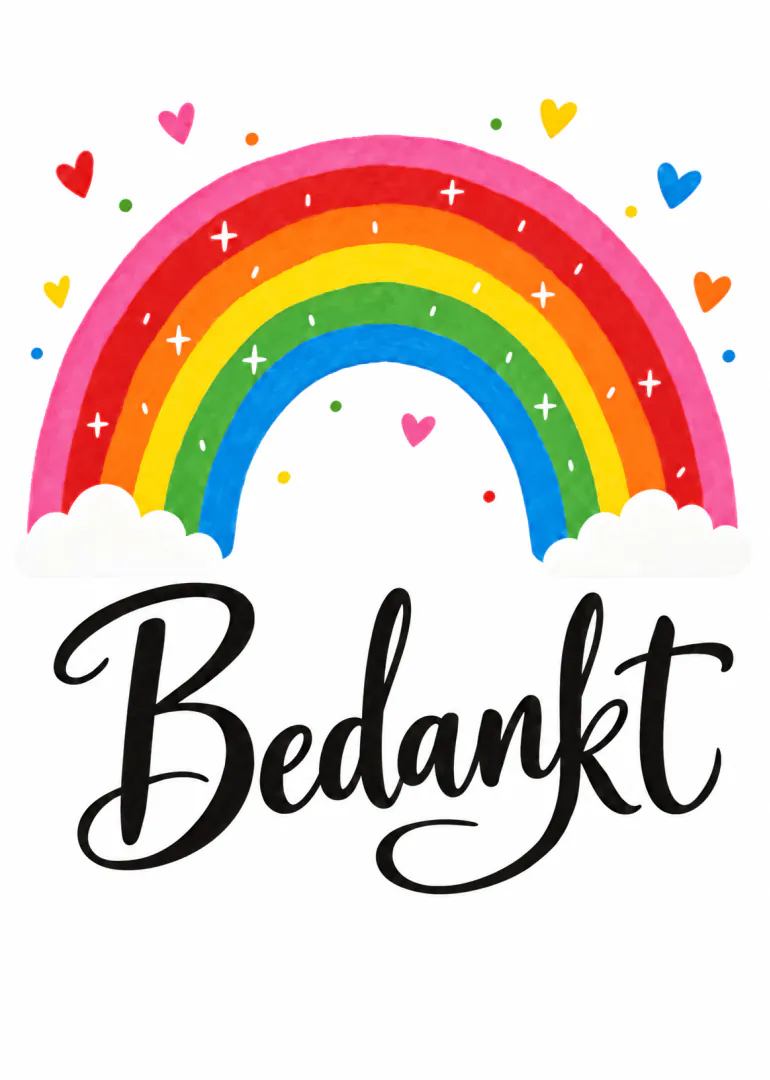 Witte kaart met een kleurrijke regenboog, hartjes en het woord “Bedankt” in zwart sierlijk schrift.