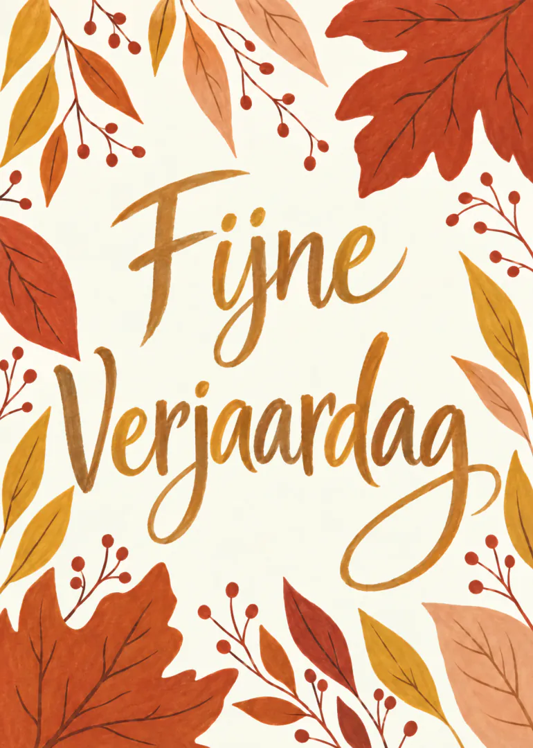 Verjaardagskaart met de tekst ‘Fijne Verjaardag’, omringd door bladeren en bessentakken in herfstkleuren.