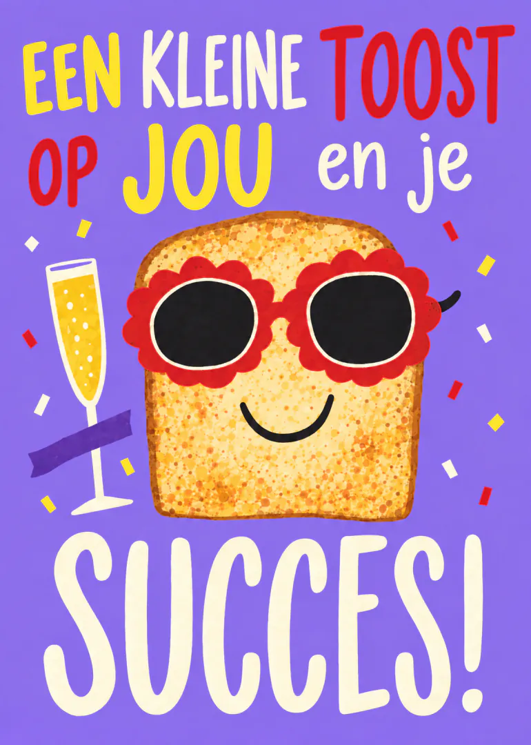 Paarse kaart met een lachende boterham met rode bloemvormige zonnebril, een glas bubbels en de tekst: Een kleine toast op jou en je succes!