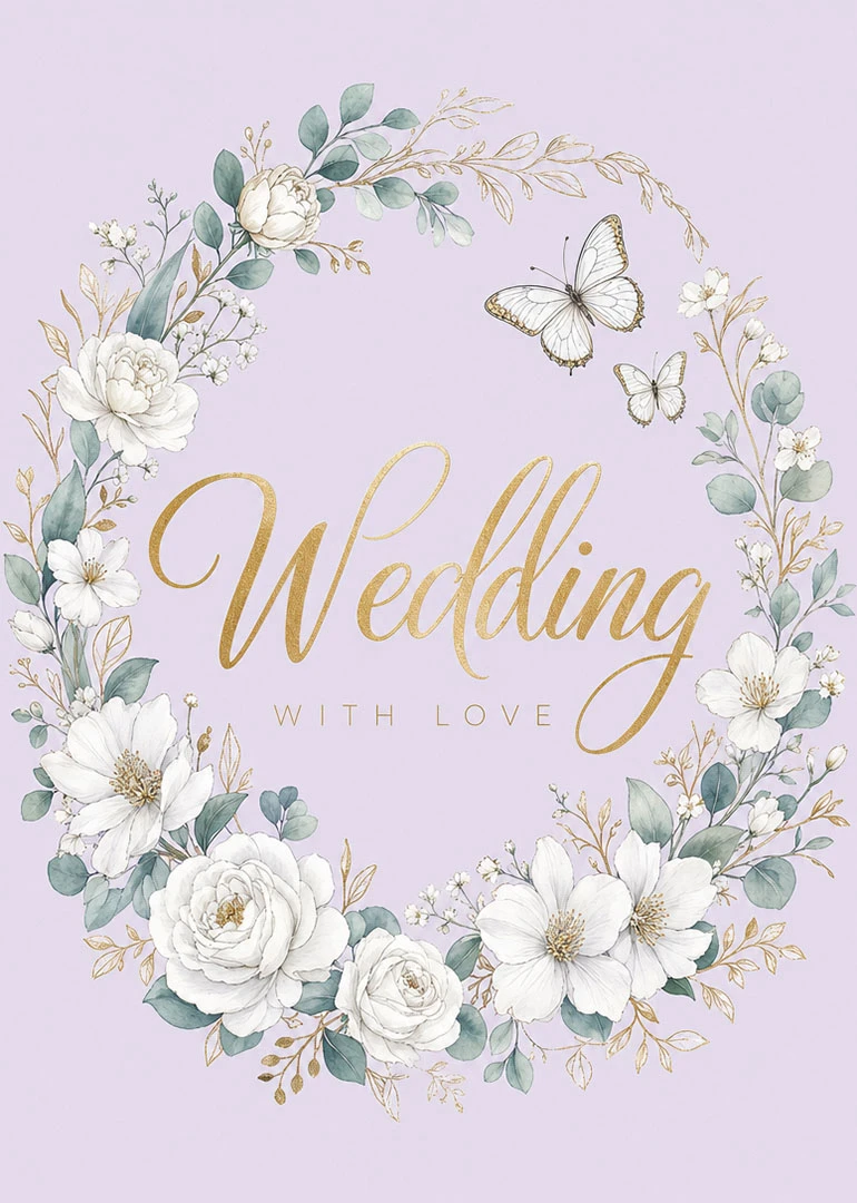 Lavender wedding card with white flowers, butterflies, and gold lettering saying Wedding with love.