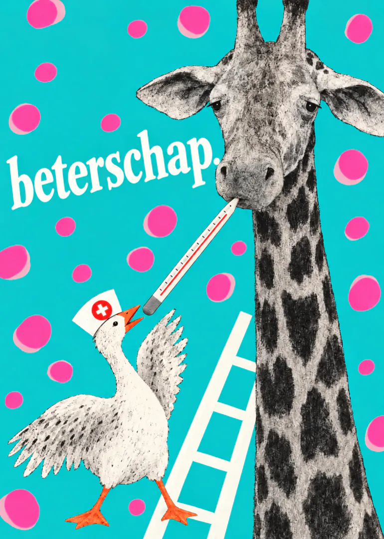 Turquoise beterschapskaart met roze stippen, een giraf met thermometer en een gans in verpleegstersmuts.
