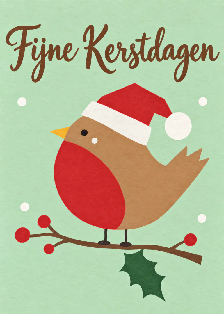 Kerstkaart met een roodborstje in kerstmuts op een tak en de tekst Fijne Kerstdagen.