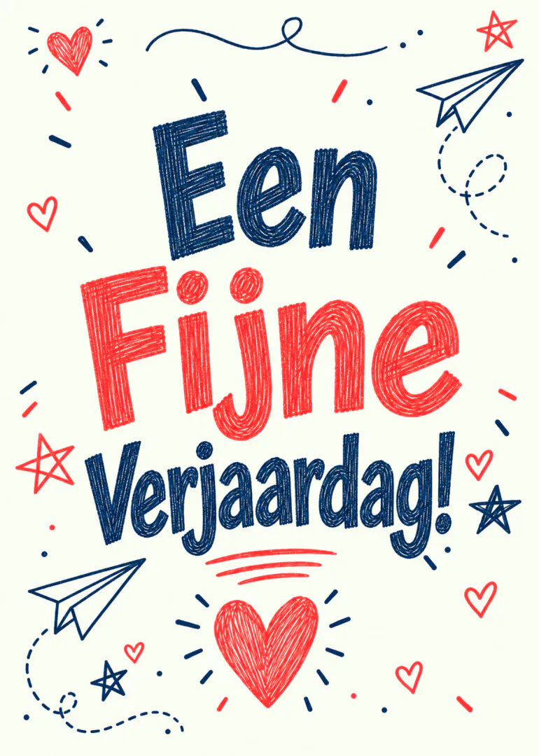 Vrolijke verjaardagskaart met de tekst 'Een Fijne Verjaardag!', hartjes, sterren en papieren vliegtuigjes.
