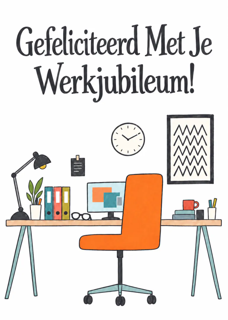 Witte kaart met de tekst ‘Gefeliciteerd Met Je Werkjubileum!’ boven een geïllustreerde werkplek met bureau en oranje bureaustoel.