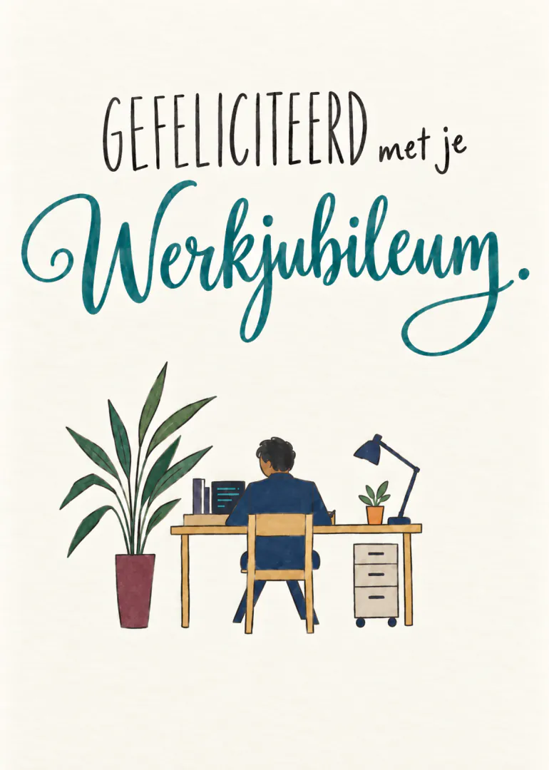 Kaart met de tekst ‘Gefeliciteerd met je Werkjubileum’ boven een illustratie van iemand aan een bureau met planten.