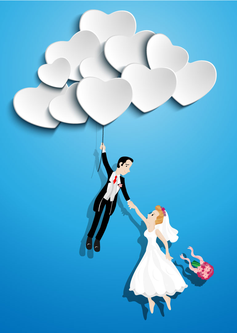 Bride and groom floating with heart-shaped balloons on blue background
