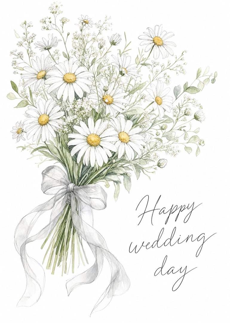 Watercolour bouquet of white daisies tied with ribbon and the words Happy wedding day on white.