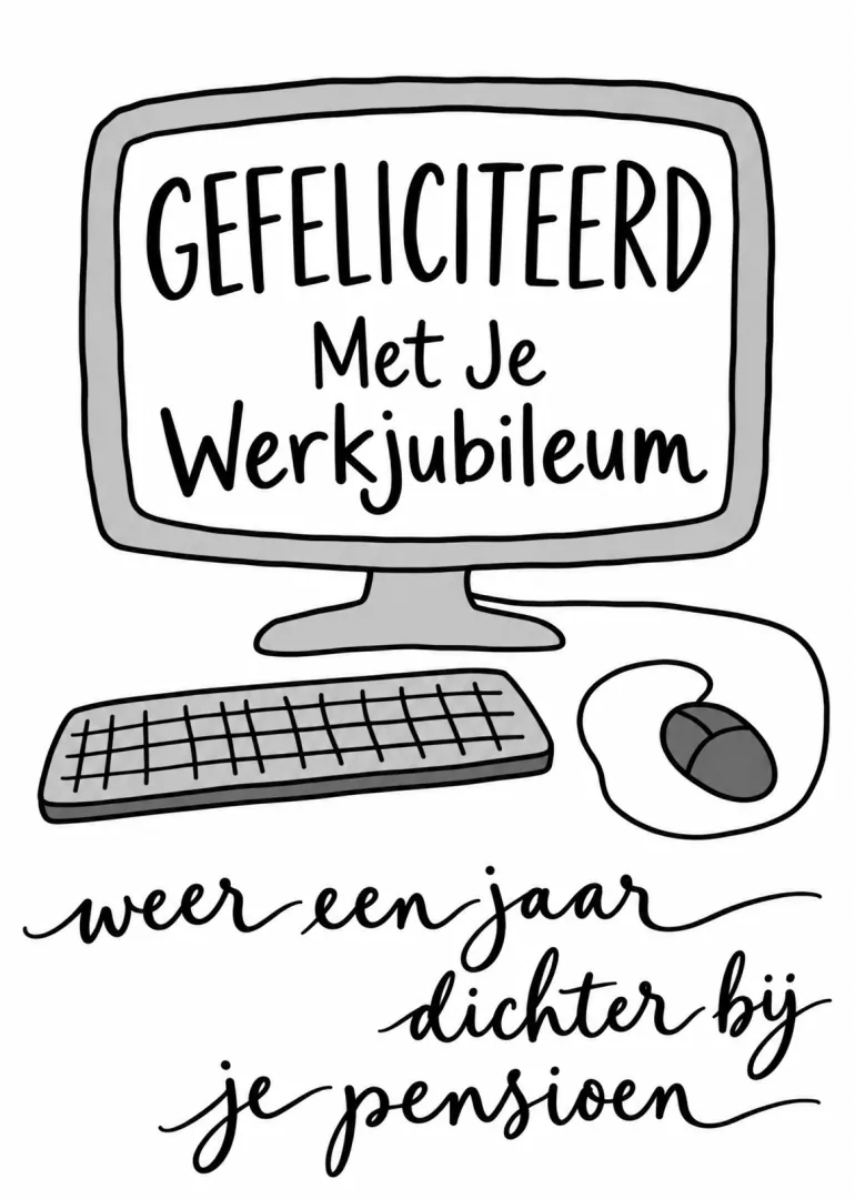 Zwart-witte kaart met een computer, toetsenbord en muis en een felicitatie voor een werkjubileum.