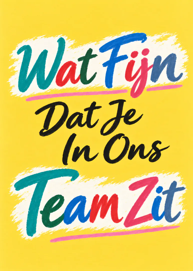 Gele kaart met kleurrijke penseelletters: Wat fijn dat je in ons team zit.