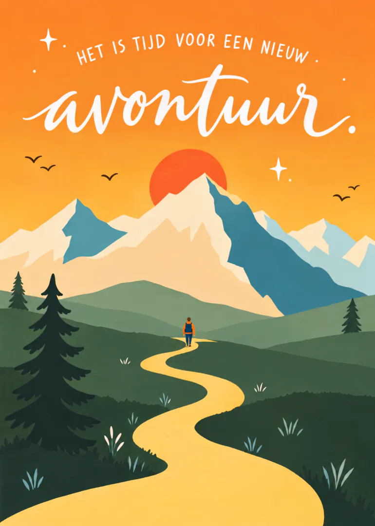 Illustratieve kaart met een wandelaar op een geel pad naar bergen bij een oranje zon en de tekst: Het is tijd voor een nieuw avontuur.