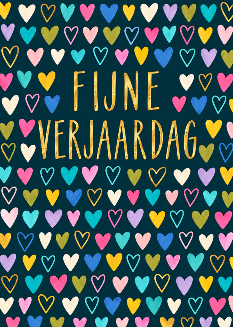 Donkerblauwe verjaardagskaart met kleurrijke hartjes en gouden tekst: FIJNE VERJAARDAG.