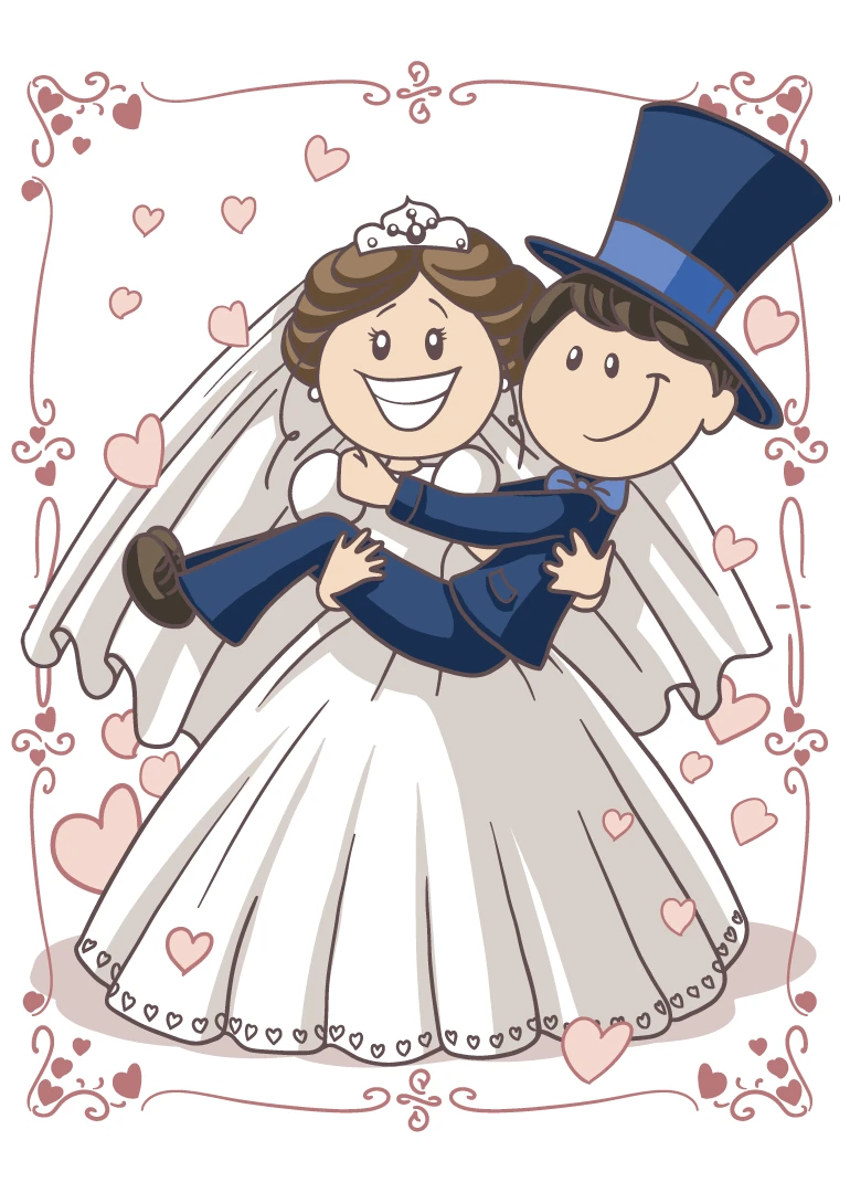 A smiling bride carries her groom in a top hat surrounded by pink hearts design.