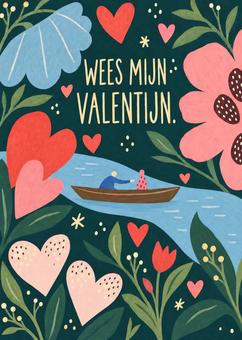 Geïllustreerde Valentijnskaart met hartjes, bloemen, een rivier en twee personen in een bootje.