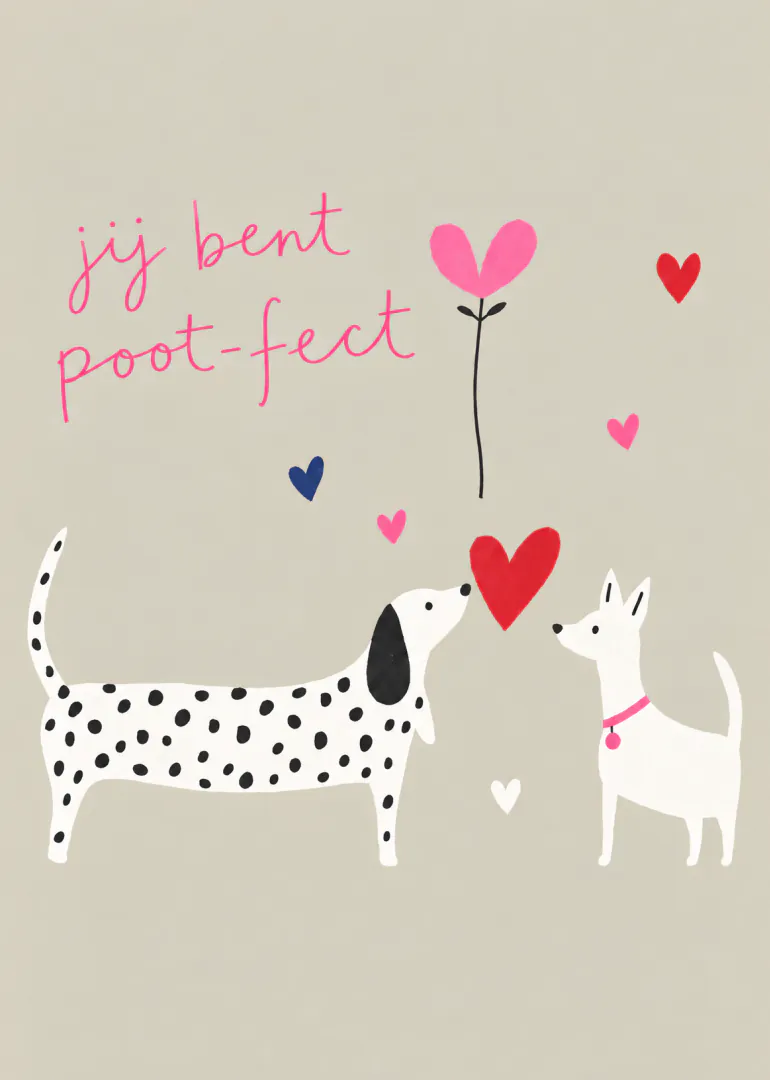 Illustratie van een dalmatiër en een witte hond met roze, rode en blauwe hartjes en de tekst ‘jij bent poot-fect’.