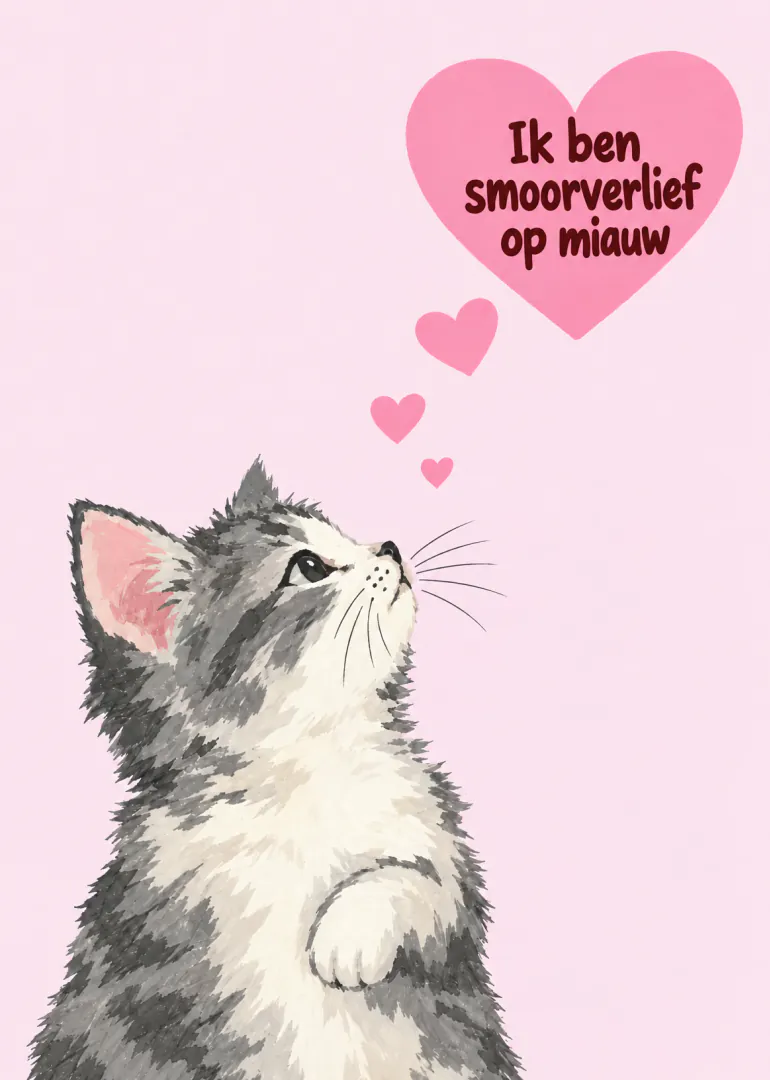 Waterverfillustratie van een grijs-witte kitten die omhoogkijkt naar een roze hart met tekst.