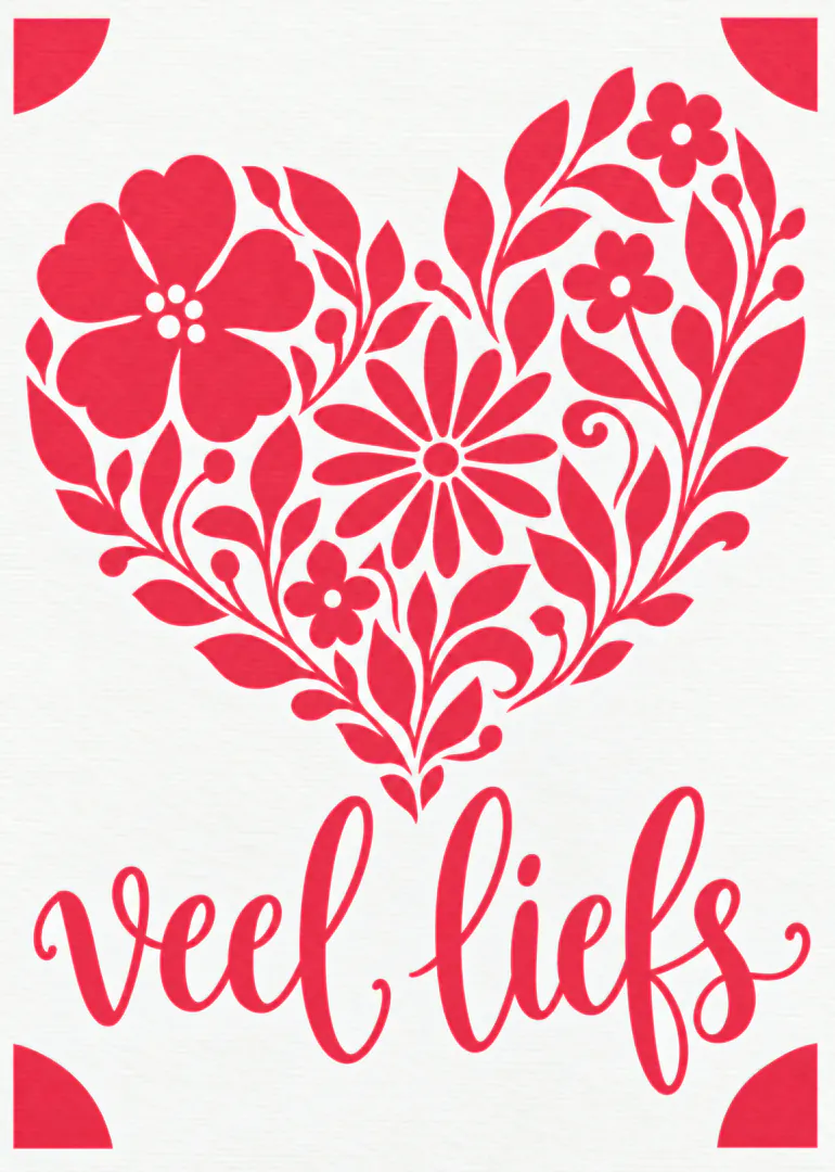Witte kaart met een groot rood hart van bloemen en bladeren, met de tekst ‘Veel liefs’.