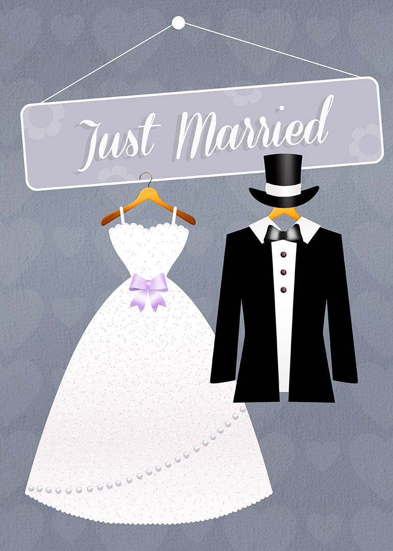 Wedding card with 'Just Married' sign, bride dress, and groom suit