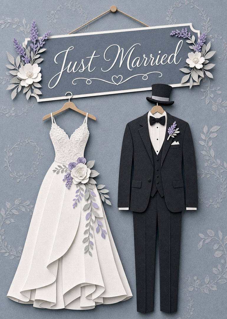 Elegant Just Married card with bridal gown, groom suit, lavender floral accents, and blue background.