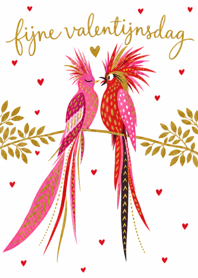 Witte Valentijnskaart met twee roze en rode vogels op een gouden tak, omringd door hartjes.