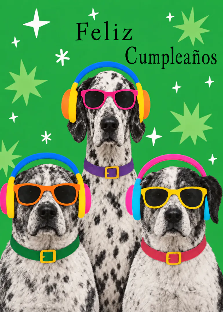 Tres perros dálmata con gafas de colores y auriculares sobre fondo verde, con el texto «Feliz Cumpleaños».
