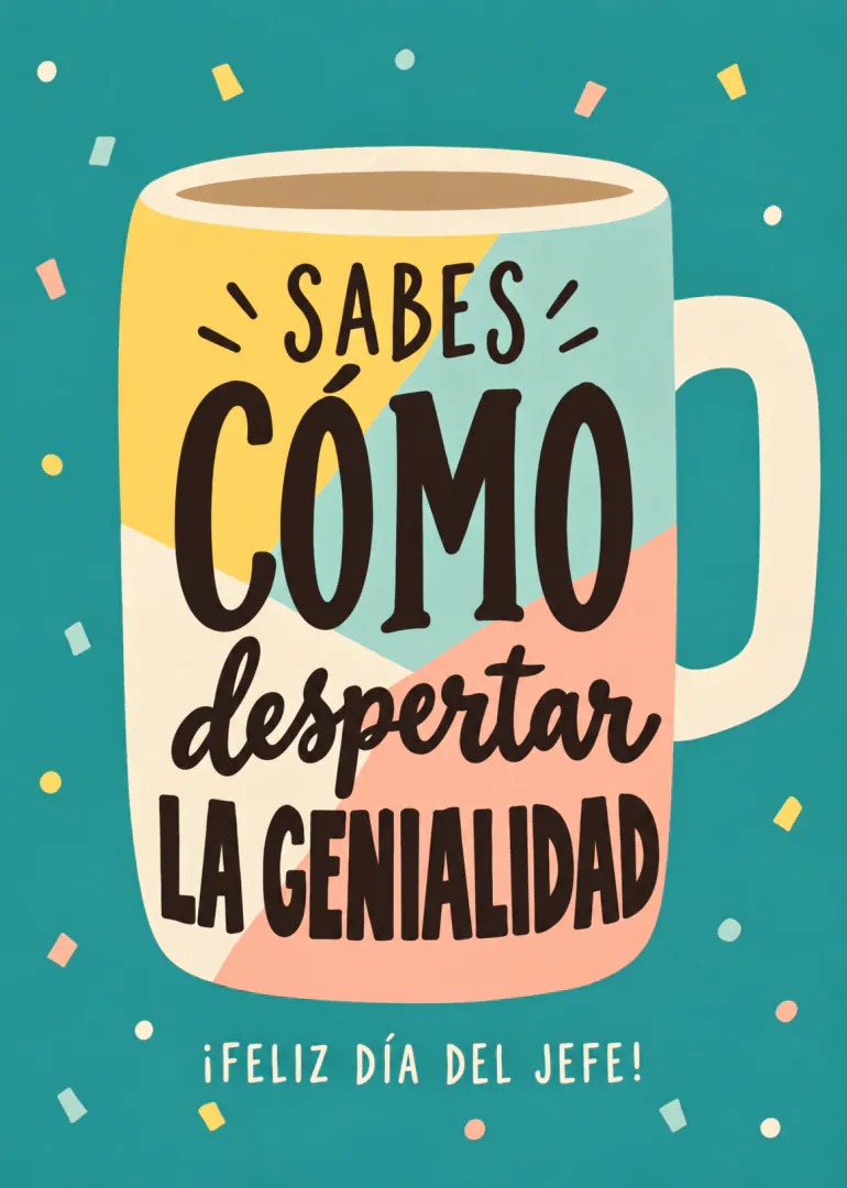 Tarjeta turquesa con una taza de café ilustrada y el mensaje «Sabes cómo despertar la genialidad. ¡Feliz Día del Jefe!».