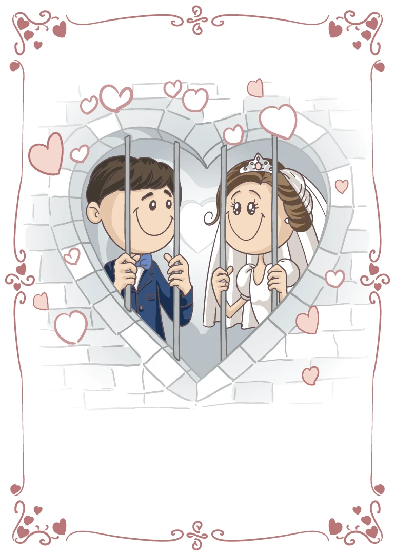 Bride and groom smile behind heart-shaped bars inside a romantic border of pink hearts design.