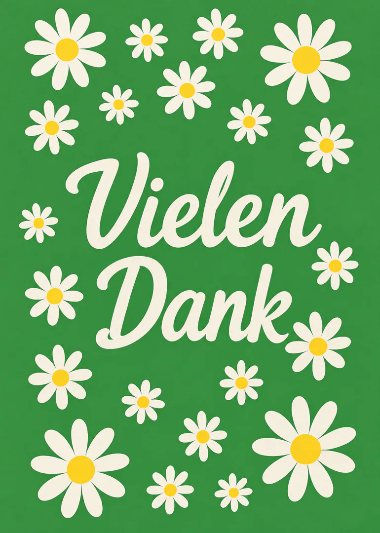 Grüne Karte mit cremefarbenem Schriftzug „Vielen Dank“, umgeben von weißen Gänseblümchen mit gelben Mittelpunkten.