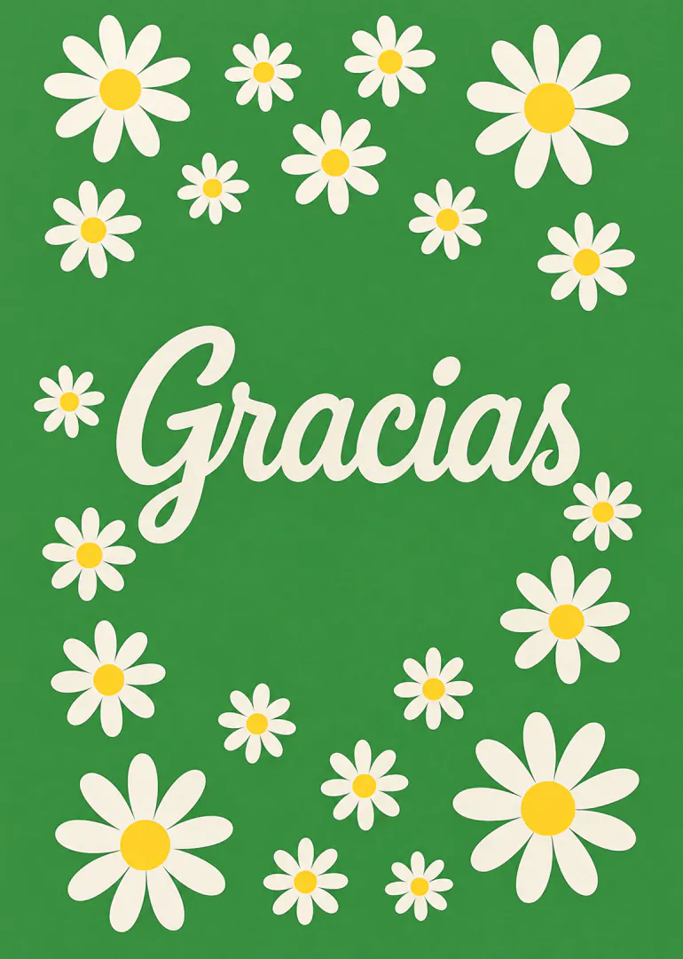 Tarjeta verde con margaritas blancas y amarillas alrededor de la palabra «Gracias» en letras crema.