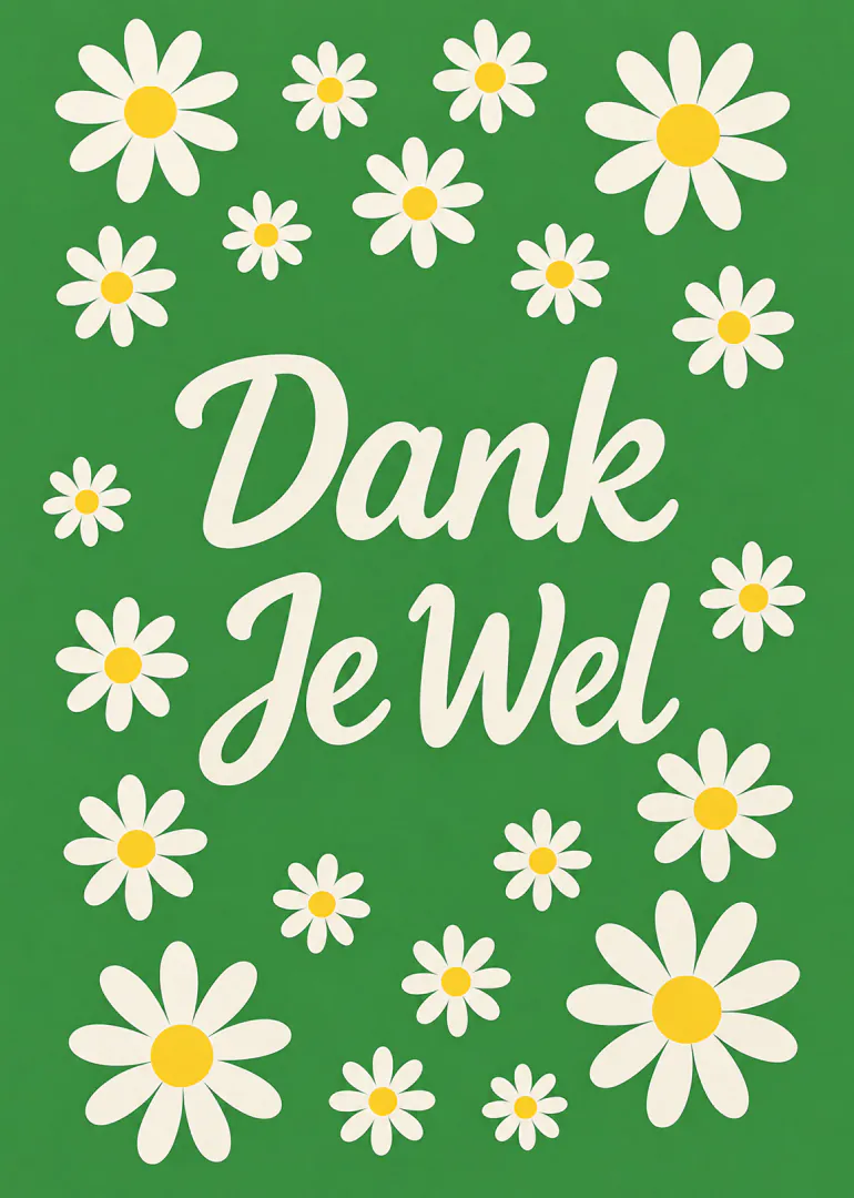 Groene kaart met witte margrieten en de tekst ‘Dank Je Wel’.