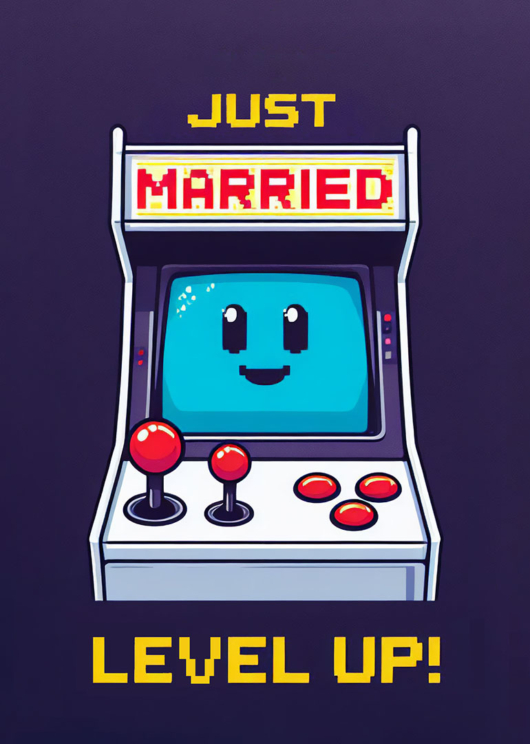 Retro arcade machine with smiling screen and Just Married Level Up text on purple background.