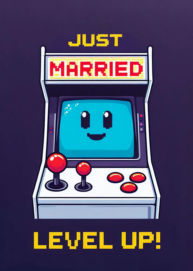 Retro arcade machine with smiling screen and Just Married Level Up text on purple background.