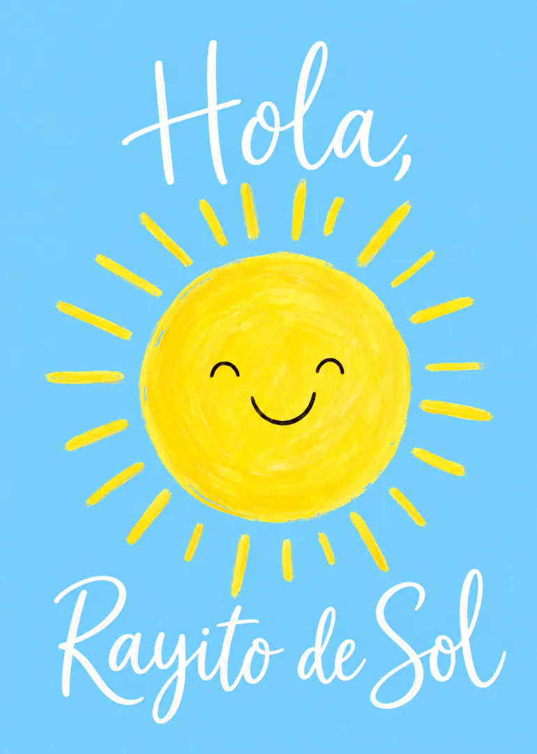 Tarjeta azul con un sol amarillo sonriente y el texto «Hola, Rayito de Sol».