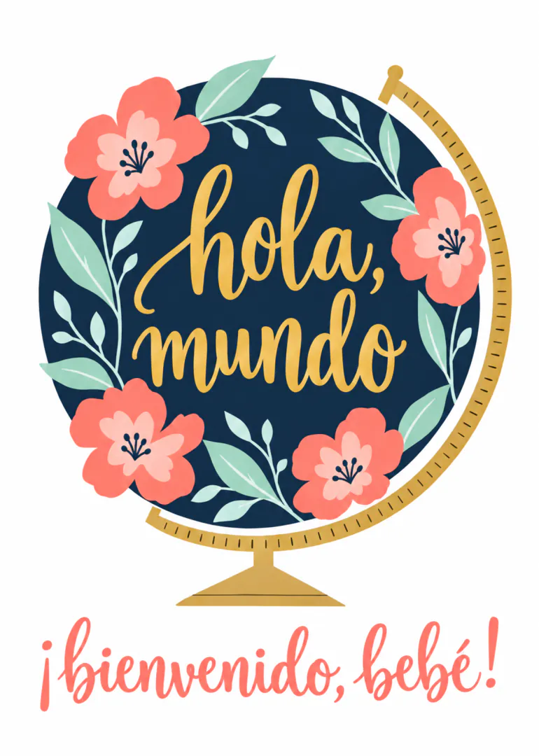 Tarjeta de bienvenida para bebé con un globo terráqueo azul marino, flores coral y texto en español.