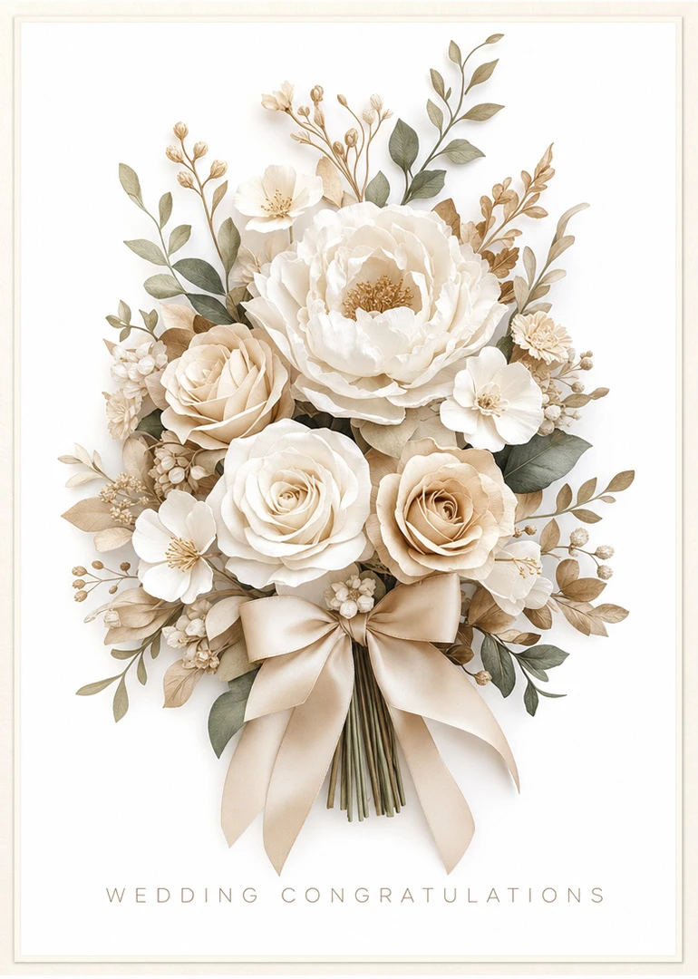 Cream floral bouquet with satin ribbon and wedding congratulations text on a white background card.