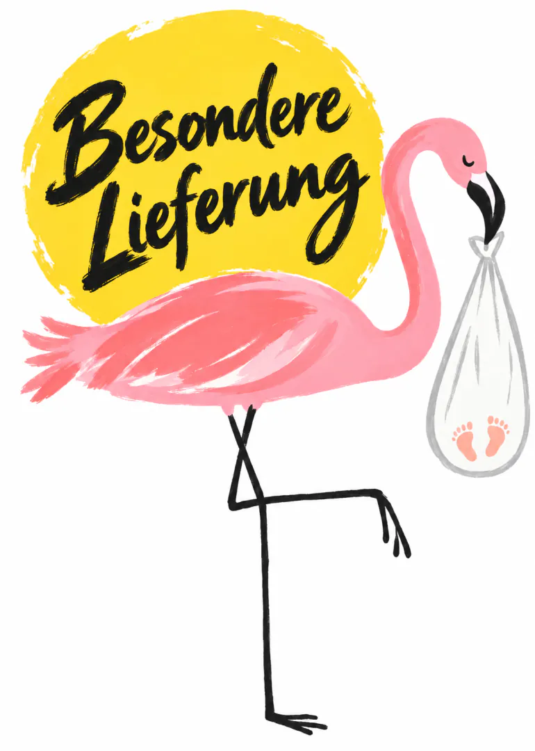 Rosa Flamingo trägt ein Bündel mit Babyfüßen vor gelbem Kreis mit der Aufschrift „Besondere Lieferung“.