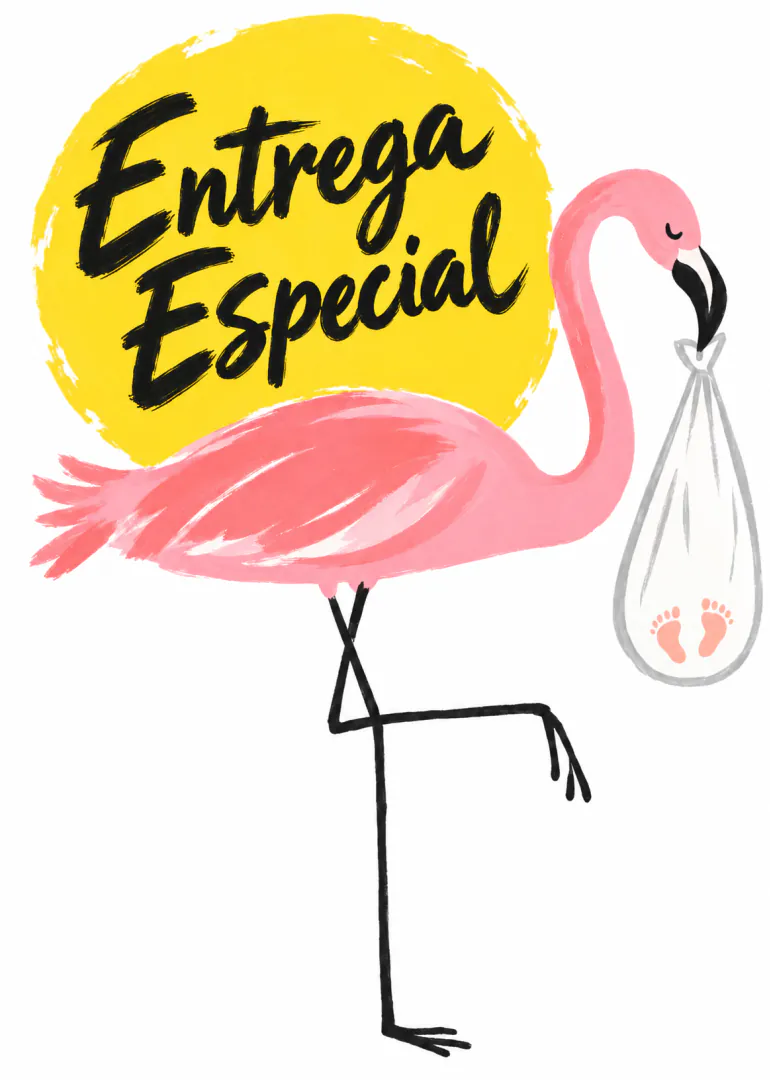 Tarjeta blanca con un flamenco rosa que sostiene una bolsa con huellas de bebé y el texto «Entrega Especial».
