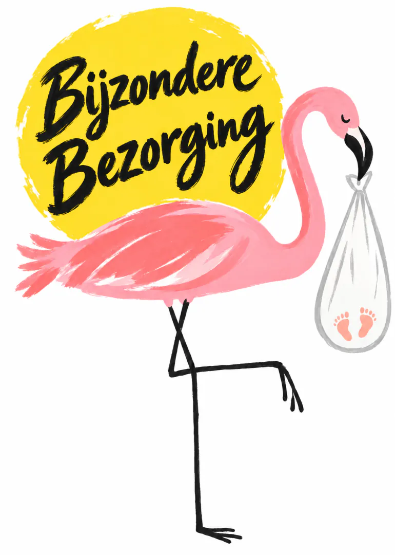 Witte kaart met roze flamingo die een doek met babyvoetjes draagt, naast de tekst Bijzondere Bezorging.