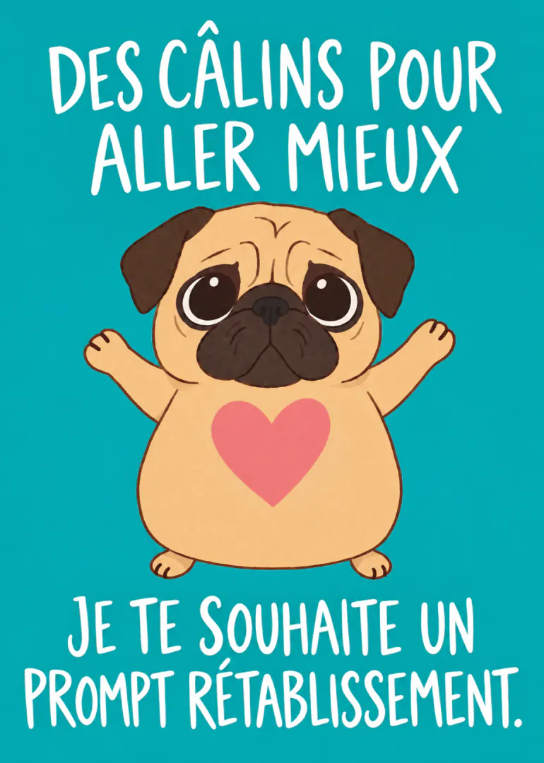 Carte turquoise montrant un carlin aux bras ouverts avec un cœur rose et un message de prompt rétablissement.