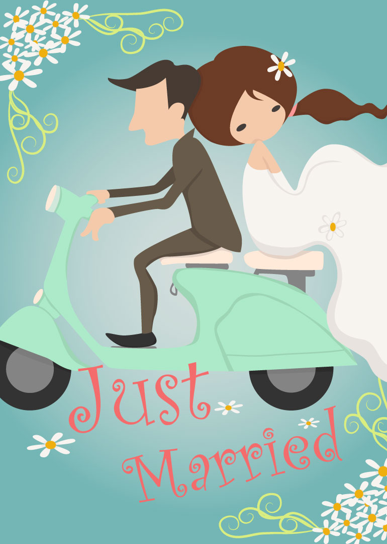 Illustration of bride and groom riding a scooter with daisies and just married text