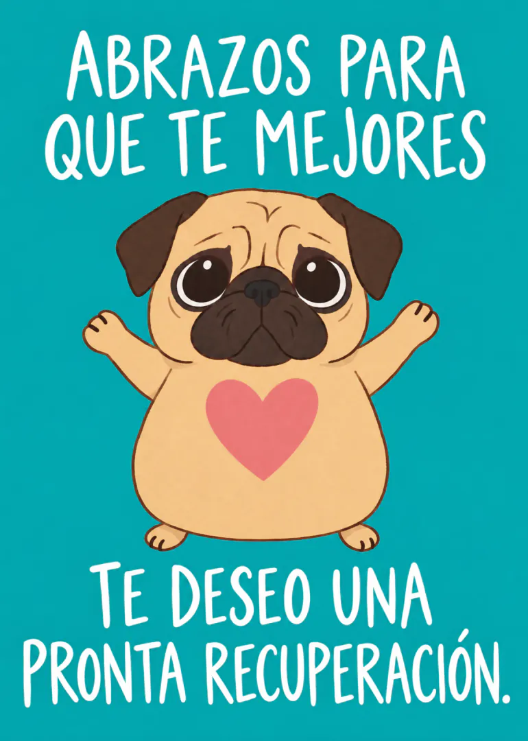 Tarjeta turquesa con un pug abrazando y un corazón rosa, con un mensaje de pronta recuperación.