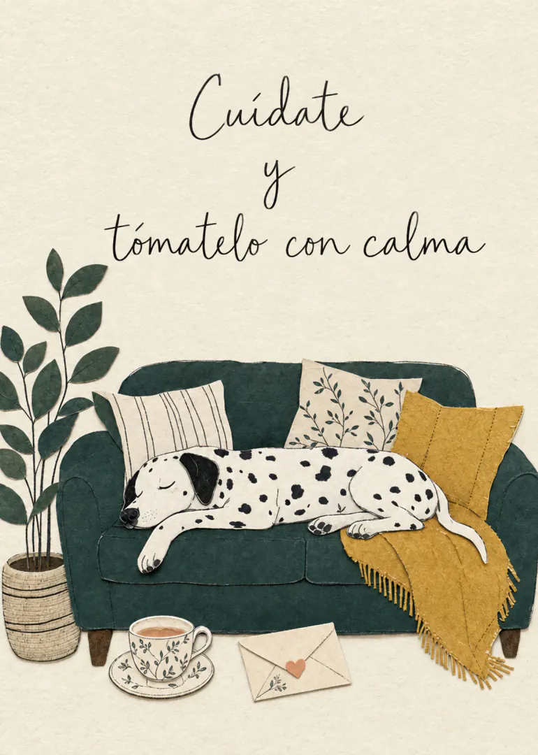 Tarjeta ilustrada con un dálmata dormido en un sofá verde, una taza de té y el texto «Cuídate y tómalo con calma».