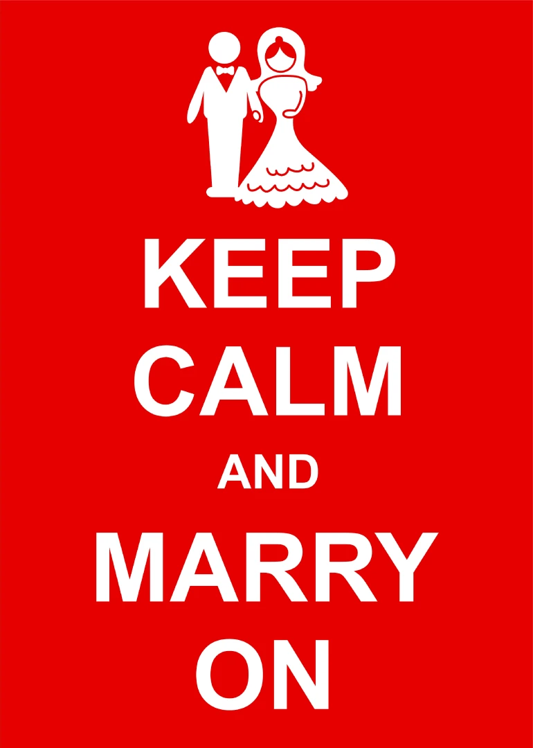 Red card with bride and groom icon and white text Keep Calm and Marry On.